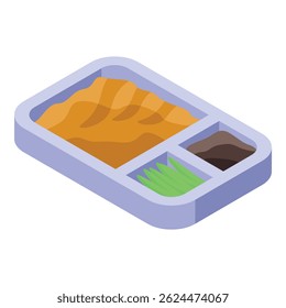 Isometric lunchbox containing a tasty meal with sauce, perfect for a quick and easy lunch at work or school