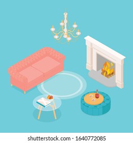 Isometric luxurious living room with a fireplace, in turquoise. Vector illustration in flat design, isolated.