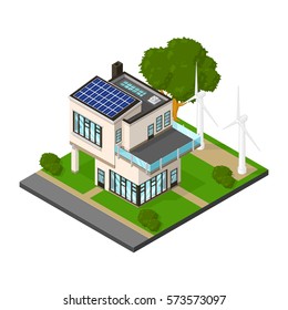 Isometric Luxury Eco House With Renewable Energy.
Vector Illustration Of A Modern Home With Solar Panels And Wind Turbines For Sustainable Power And Environmental Conservation.