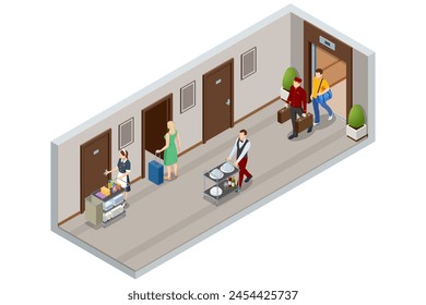 Isometric luxury hotel hallway interior with numbered doors, Woman chambermaid, Porter with Baggage, Waitress in uniform. Enjoy the Holiday and Vacation.