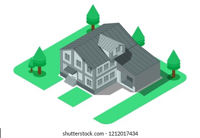 isometrisches Luxushaus mit großem Hof, Vektorillustration zur Illustration