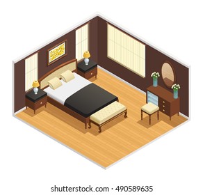 Isometric luxury interior for bedroom with double bed bedside tables and decorations vector illustration