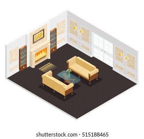 Isometric luxury interior for living room with fireplace sofas table and bookcases vector illustration