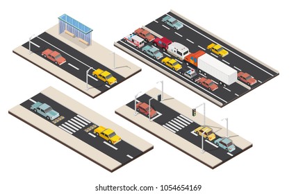 Isometric Lying Policeman, Crossing, Traffic Light, Traffic Jam Low Poly Elements Set