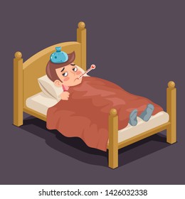 Isometric lying in sick man bed ill cold flu disease illness virus cartoon character design vector illustration