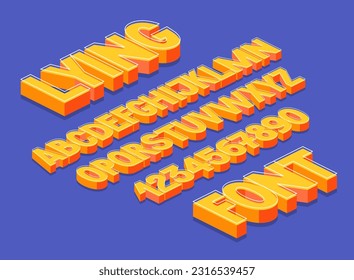  Isometric Lying Yellow Font. Uppercase English Alphabet and Numbers from A to Z. Vector Isometric Typography.