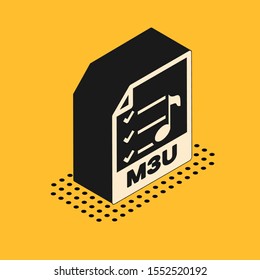 Isometric M3U file document. Download m3u button icon isolated on yellow background. M3U file symbol.  Vector Illustration