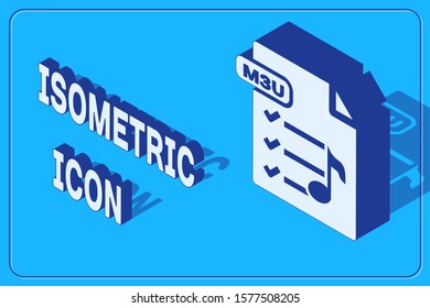 Isometric M3U file document. Download m3u button icon isolated on blue background. M3U file symbol.  Vector Illustration