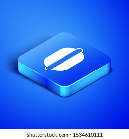 Isometric Macaron cookie icon isolated on blue background. Macaroon sweet bakery. Blue square button. Vector Illustration