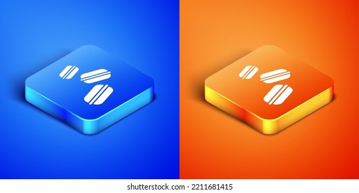 Isometric Macaron cookie icon aislado en fondo azul y naranja. Panadería dulce de Macaroon. Botón cuadrado. Vector