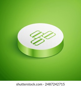 Icono de galleta isométrica Macaron aislado sobre fondo verde. Pastelería dulce de macaroon. Botón de círculo blanco. Vector