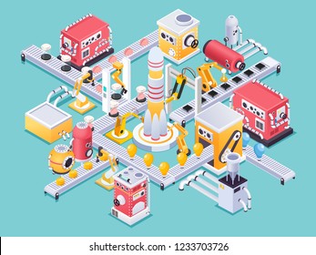 Isometric machine concept in steampunk style space craft manufacturing on turquoise background vector illustration