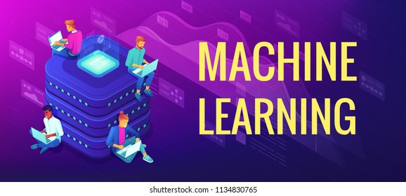 Isometric Machine Learning Concept. Computer Science, Statistical Techniques And Data Analysis. Engineering Team Working Near Machine Learning Title. Vector 3d Illustration On Ultraviolet Background.