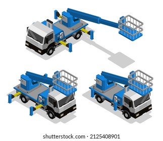 Isometric machine with telescopic boom for lifting workers in basket to height. Transport for high altitude work. Realistic 3D vector isolated on white background