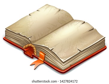 Isometric magic  book for computer game. Old sheets rice paper. Fairy tale icon in cartoon style. Isolated vector illustration.