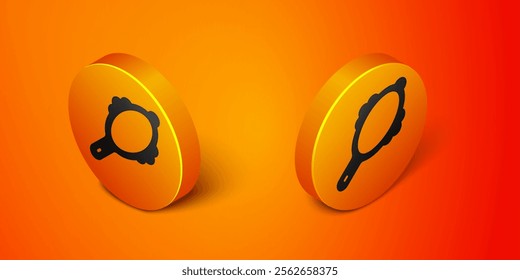 Isometric Magic hand mirror icon isolated on orange background. Orange circle button. Vector