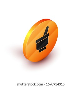 Isometric Magic mortar y almirez icono aislado en fondo blanco. Botón de círculo naranja. Ilustración vectorial