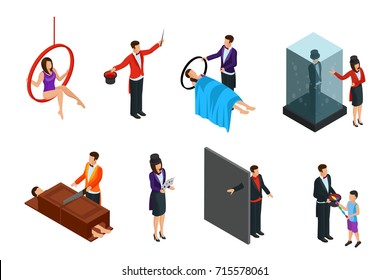 Isometric magic performance elements set with magicians showing different popular tricks and illusions isolated vector illustration 