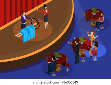 Isometric magic performance template with magicians showing illusion of levitation in front of surprised spectators vector illustration