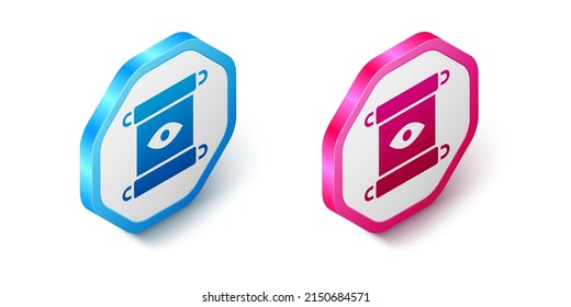 Isometric Magic scroll icon isolated on white background. Decree, paper, parchment, scroll icon. Hexagon button. Vector