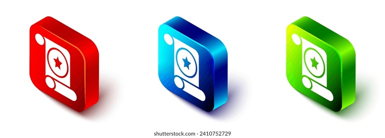 Isometric Magic scroll icon isolated on white background. Decree, paper, parchment, scroll icon. Red, blue and green square button. Vector