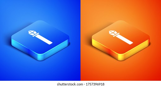 Isometric Magic staff icon isolated on blue and orange background. Magic wand, scepter, stick, rod. Square button. Vector Illustration