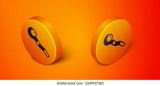 Isometric Magic staff icon isolated on orange background. Magic wand, scepter, stick, rod. Orange circle button. Vector
