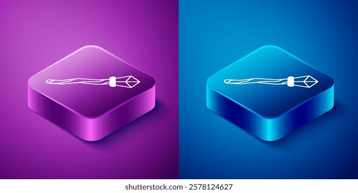 Isometric Magic staff icon isolated on blue and purple background. Magic wand, scepter, stick, rod. Square button. Vector