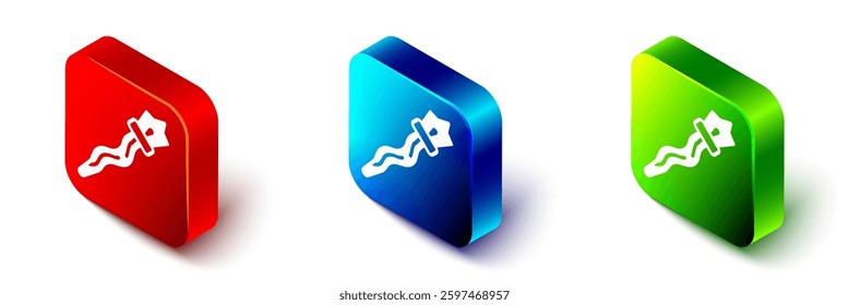 Isometric Magic staff icon isolated on white background. Magic wand, scepter, stick, rod. Red, blue and green square button. Vector