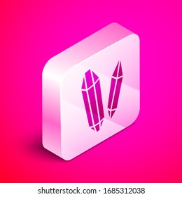 Isometric Magic stone icono aislado en fondo rosa. Cristal de fantasía. Gema de joyas para el juego. Botón cuadrado plateado. Ilustración vectorial