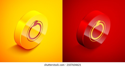 Isometric Magic symbol of Ouroboros icon isolated on orange and red background. Snake biting its own tail. Animal and infinity, mythology and serpent. Circle button. Vector