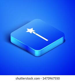 Isometric Magic wand icon isolated on blue background. Star shape magic accessory. Magical power. Blue square button. Vector Illustration