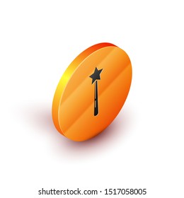 Isometric Magic wand icon isolated on white background. Star shape magic accessory. Magical power. Orange circle button. Vector Illustration