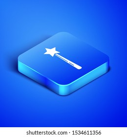 Isometric Magic wand icon isolated on blue background. Star shape magic accessory. Magical power. Blue square button. Vector Illustration