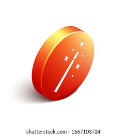 Isometric Magic wand icon isolated on white background. Star shape magic accessory. Magical power. Orange circle button. Vector Illustration