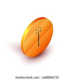 Isometric Magic wand icon isolated on white background. Star shape magic accessory. Magical power. Orange circle button. Vector Illustration