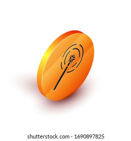 Isometric Magic wand icon aislado en fondo blanco. Accesorio mágico con forma de estrella. Poder mágico. Botón de círculo naranja. Ilustración vectorial
