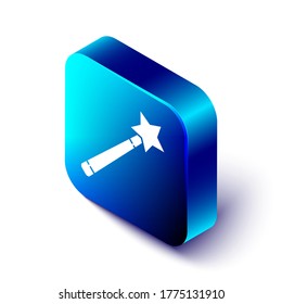 Isometric Magic wand icon isolated on white background. Star shape magic accessory. Magical power. Blue square button. Vector Illustration