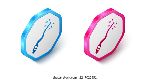 Isometric Magic wand icon aislado en fondo blanco. Complemento mágico de forma estrella. Poder mágico. Feliz fiesta de Halloween. Botón hexagonal. Vector