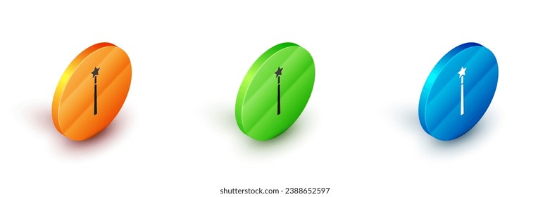 Isometric Magic wand icon aislado en fondo blanco. Complemento mágico de forma estrella. Poder mágico. Botón Círculo. Vector