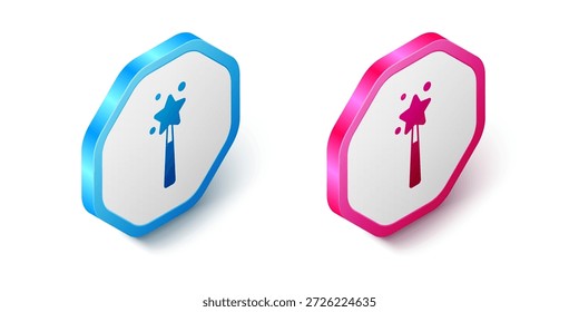 Isometrisches Zauberstab-Symbol einzeln auf weißem Hintergrund. Zauberzubehör in Sternenform. Magische Kraft. Sechseck-Taste. Vektorgrafik