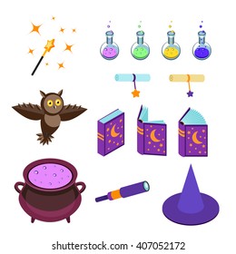 Isometric magical accessories isolated on white background. Magic wand, potions, magic books, hat a wizard, boiler, scrolls and post owl. Set magical icons. Vector illustration.