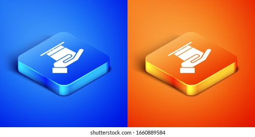 Isometric Magician hat in hand icon isolated on blue and orange background. Magic trick. Mystery entertainment concept. Square button. Vector Illustration