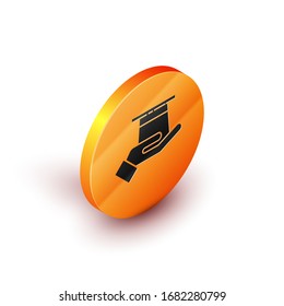 Isometric Magician hat in hand icon isolated on white background. Magic trick. Mystery entertainment concept. Orange circle button. Vector Illustration