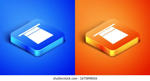 Isometric Magician hat icon isolated on blue and orange background. Magic trick. Mystery entertainment concept. Square button. Vector Illustration