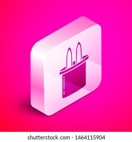 Isometric Magician hat and rabbit ears icon isolated on pink background. Magic trick. Mystery entertainment concept. Silver square button. Vector Illustration
