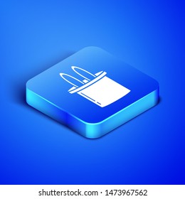 Isometric Magician hat and rabbit ears icon isolated on blue background. Magic trick. Mystery entertainment concept. Blue square button. Vector Illustration