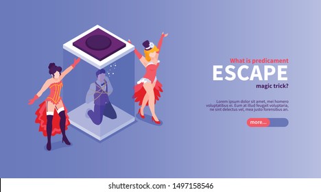 Isometric magician show horizontal banner with text slider button and doodle characters of dancers and illusionist vector illustration