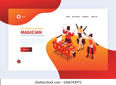 Isometric magician showing concept banner with clickable buttons links and group of magicians during their performance vector illustration
