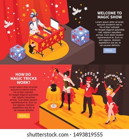 Isometric magician showing horizontal banners set with text more button and images of magicians stage performance vector illustration